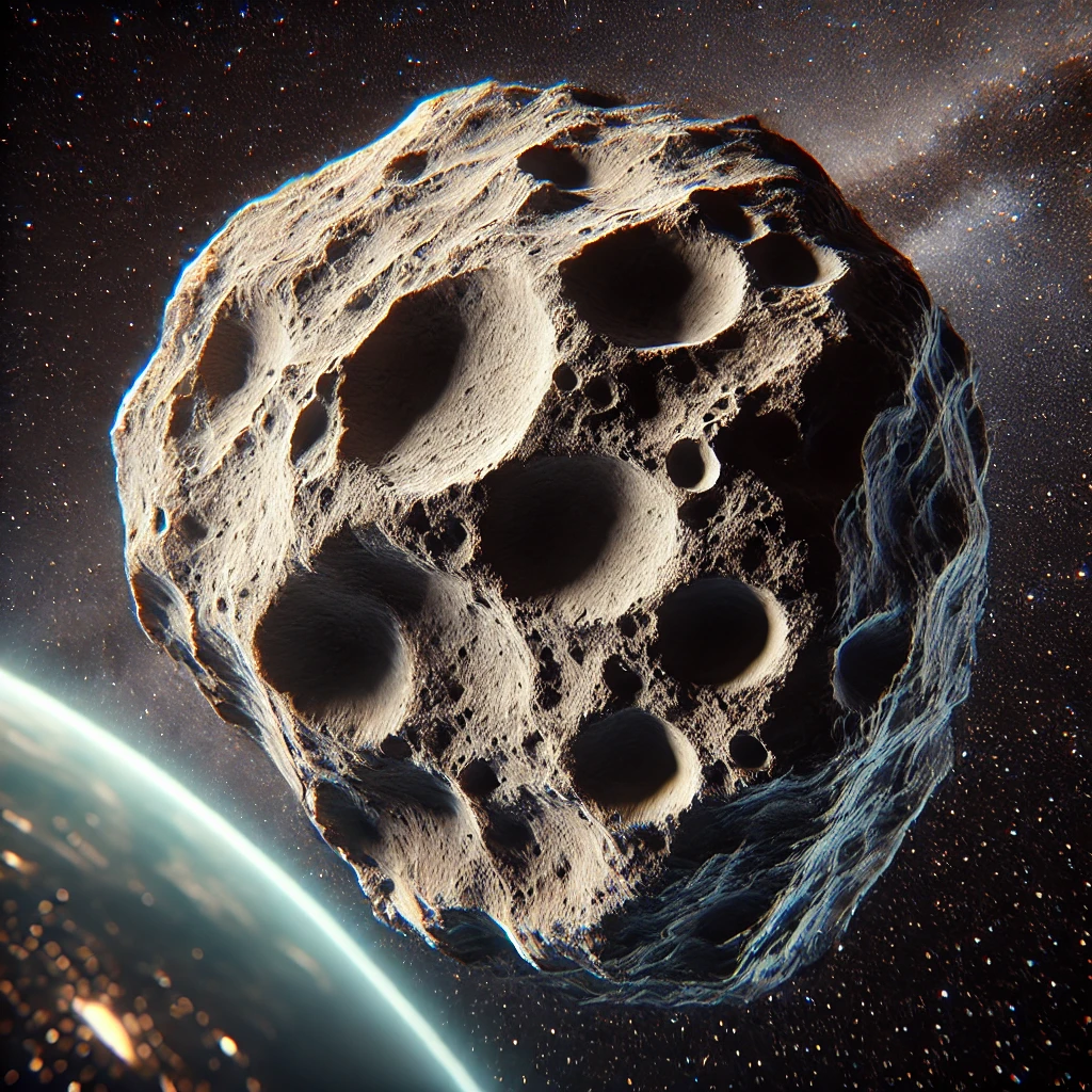 DALL·E 2025-02-13 15.36.06 - A realistic depiction of asteroid 2024 YR4, based on existing observations. The asteroid appears as a rocky, irregularly shaped celestial body with cr